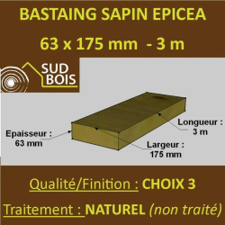 Bastaings 63x175mm Sapin Choix 3 Naturel Brut 3M
