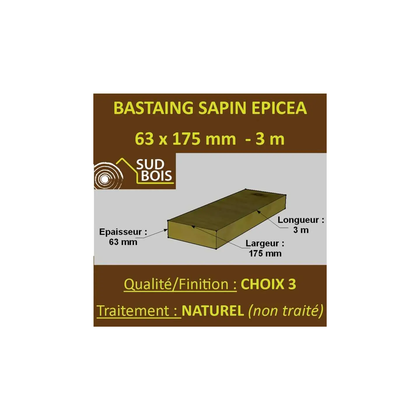 Bastaings 63x175mm Sapin Choix 3 Naturel Brut 3M